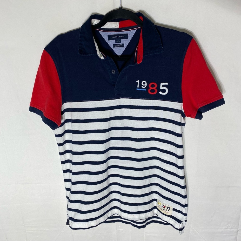 Tommy Hilfiger Y2K Retro Navy Blue White Striped Polo Shirt W Red Accents M